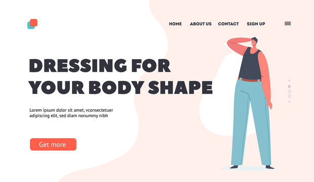 Dressing for your Body Shape Landing Page Template. Character with Pear Body Shape with Wide Hips and Narrow Shoulders