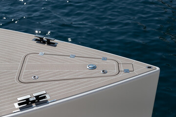 Close up view of front part of the boat at sunny day, bow of the boat, forepeak, hooks for a cable,...
