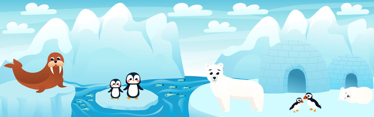 Polar landscape with cute cartoon animals with fish and iceberg, arctic scene with polar bear and penguins, arctic puffins, seal sitting on snow, horizontal zoo poster