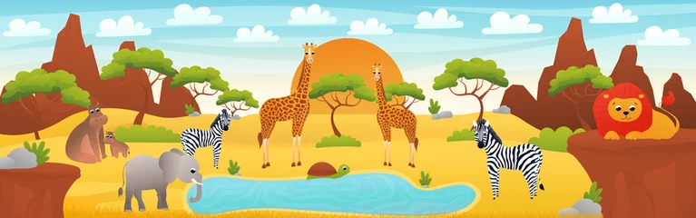 Tuinposter African landscape with cute cartoon animals - elephant, zebra and lion, web banner with savannah scene, african desert exploration, zoo horizontal poster for print © Lozovytska