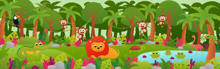 Tropical jungle forest landscape with cute animals, web banner with lion, monkeys and toucan in cartoon style, zoo poster, horizontal rainforest with flowers and pond