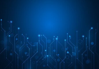 digital technology circuit electronic on blue dark background. Hi-tech telecommunication line and hexagons. High computer concept. vector illustration abstract futuristic style.