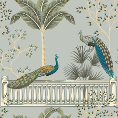 Park vintage Italian landscape, gallery, peacock, palm trees floral seamless pattern grey background. Garden botanical wallpaper. - 487182382