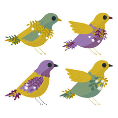 Set of colorful vector spring birds with flowers isolated on white background.