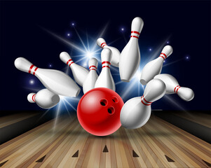 Red Bowling Ball crashing into the pins on bowling alley line. Illustration of bowling strike - 487183589