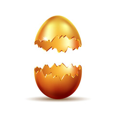 Opened golden easter egg on white background. Colored egg.