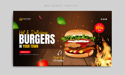 Fast food restaurant burger social media marketing web banner with abstract fire background, logo and icon. Healthy hamburger or pizza online sale promotion cover. Corporate business flyer.        