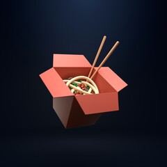 Wok box with noodles and sticks. 3d rendering.