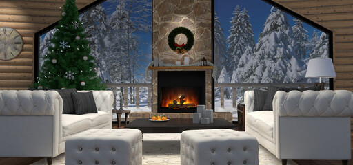 Christmas living room with fireplace