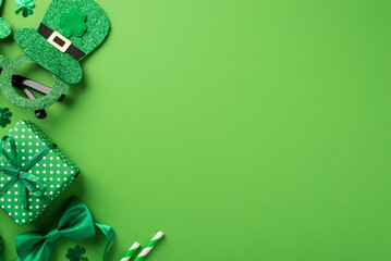Top view photo of st patricks day decorations hat shaped party glasses green bow-tie shamrocks...