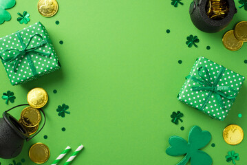 Top view photo of st patrick's day decorations green gift boxes straws trefoil shaped confetti and...