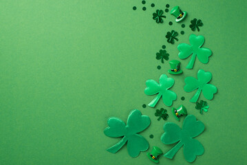 Top view photo of the green confetti different size and shades in shape of clovers and small hats...