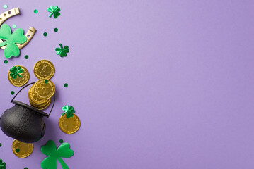 Top view photo of st patrick's day decorations pot with gold coins green clovers horseshoe and...