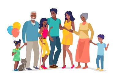 Fototapeta premium Big black american family. grandfather, grandmother, mother, father and children. Little girl holding colorful balloons. Happy family portrait vector illustration. Cute little house cat.