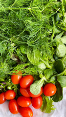 Fresh products from the garden - green dill, lettuce and cherry tomatoes closeup. Eco vegetables. Closeup healthy food for any diet.