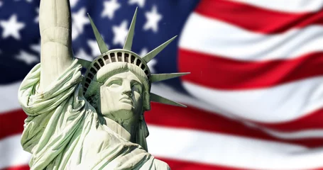 Photo sur Plexiglas Statue de la Liberté the statue of liberty with blurred american flag waving in the background