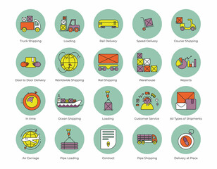 Set of logistics icons with blue background. Door to door delivery, in time, customer service, pipes delivery, loading, truck, rail, vessel, air delivery, worlwide, report, etc. Vector flat icons