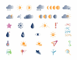 Obraz premium Set of weather elements for apps and web: cloud, sun, moon, snow, rain, storm, wind, moon phases, overcast, temperature, humidity, sunrise, sunset, pressure, UV index, etc. Flat vector illustration