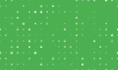 Seamless background pattern of evenly spaced white seaweed symbols of different sizes and opacity. Vector illustration on green background with stars