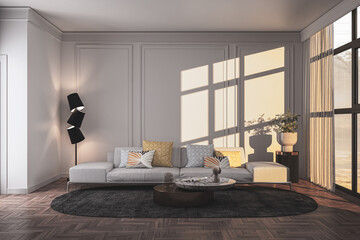 Illustration 3D rendering large luxury modern bright interiors Living room mockup computer digitally generated image