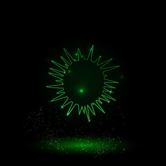 A large green outline sea urchin symbol on the center. Green Neon style. Neon color with shiny stars. Vector illustration on black background