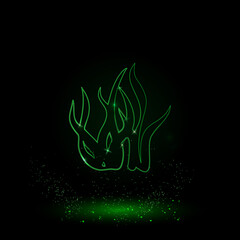 A large green outline seaweed symbol on the center. Green Neon style. Neon color with shiny stars. Vector illustration on black background