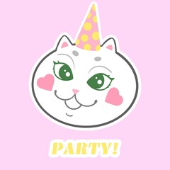 A kitten in a festive hat. For kids. You can use it as a sticker, poster or print for baby clothes, fashion print design, fashion graphic, t-shirt. Hand drawn cartoon character. Vector illustration.