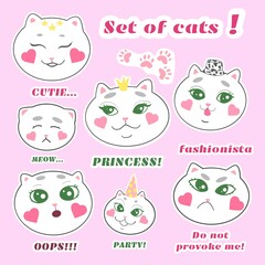 A set of cute kittens. For kids. You can use it as a sticker, poster or print for baby clothes, fashion print design, fashion graphic, t-shirt. Hand drawn cartoon character. Vector illustration.