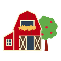 Cute red vector barn with hay. A set of barns.