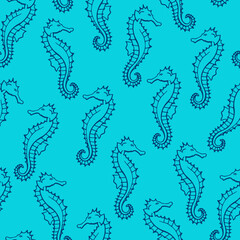 Seamless pattern with seahorse. Marine background.  Hand drawn vector illustration in sketch style.