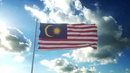 Flag of Malaysia waving at wind against beautiful blue sky. 3d rendering