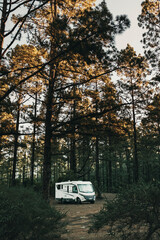 Modern camper van motorhome parked in the forest outdoors national park. Concept of camping car...