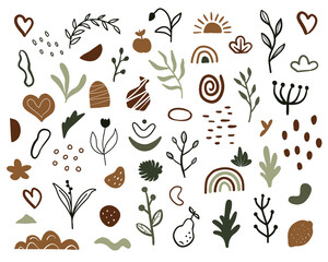 Set of abstract Boho elements. Collection of various minimalistic natural forms of pastel colors. Color vector illustration. White isolated background.