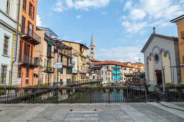 Fototapeta na wymiar The historic center of Omegna with beautiful buildings near the river