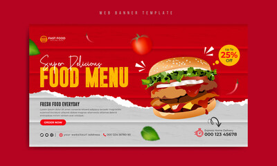 Food menu and restaurant social media marketing web banner template design with burger, logo and icon. Healthy fast food, pizza & hamburger online sale promotion cover. Business flyer background      