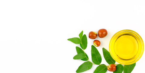 Fresh ripe jojoba fruit and jojoba oil in bowl on white background, banner