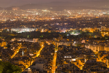 Panorama, night cityscape with street lights in Europe, Greece, Athens