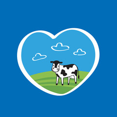 Dairy cow standing on the ground against the background of fields. Label of dairy products, emblem, logo design. Vector illustration.