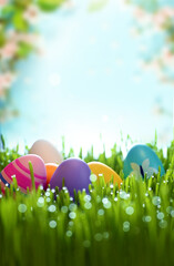 Easter eggs in grass against blue blooming background. Spring holidays concept. - 487191119