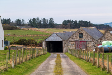 Naklejka premium PORTGORDON,MORAY,SCOTLAND - 13 FEBRUARY 2022: This is the road leading to a Farmhouse and its outbuildings in Portgordon, Moray, Scotland on 13 February 2022