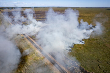 Corrientes, Argentina - february 2022: Aerial photography from a drone of the forest fires in the province of Corrientes, Argentina, in 2022