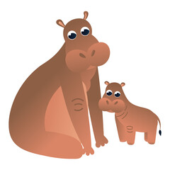 Cartoon hippo character sitting with baby in childish style, zoo animal isolated on white background, design element for poster or pattern, african fauna
