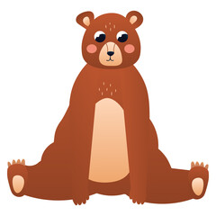 Cartoon brown bear character sitting in childish style, zoo animal isolated on white background, design element for poster or pattern, forest fauna