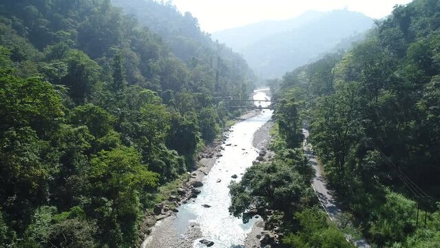 The Ganges river near Rishikesh state of Uttarakhand in India seen from the sky