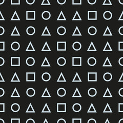 Geometric shapes on a black background. Seamless background with circles, triangles and squares.