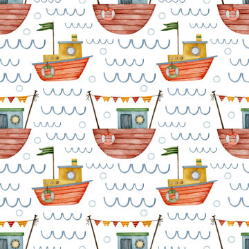 Cute watercolor seamless pattern boats. 