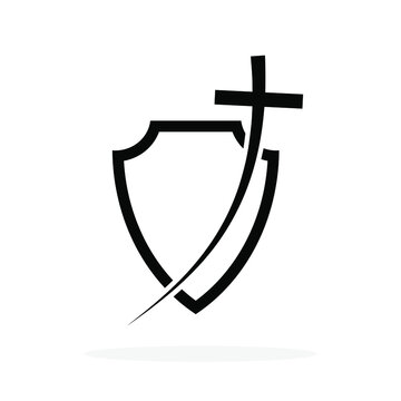Christian cross icon in shield shape. Abstract religious symbol. Vector illustration. Security concept