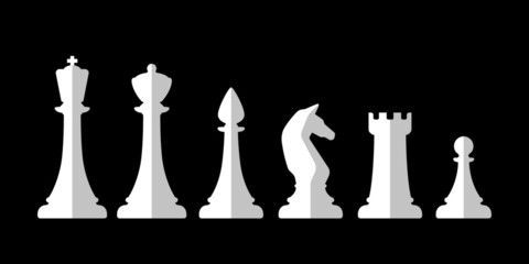 White silhouettes of chess pieces. Flat chess icons.