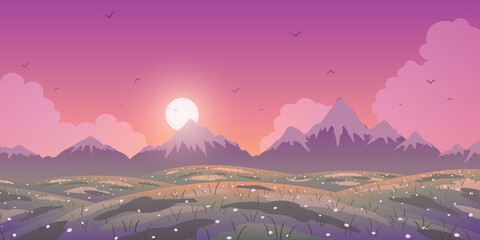 Spring vector colorful landscape. Mountains and flowering meadow at sunset - 487192163