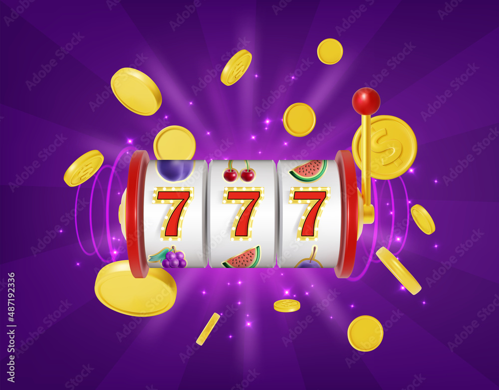 Poster Realistic Detailed 3d Slot Machine with Handle One Arm Casino Concept. Vector illustration of Lucky Sevens Jackpot